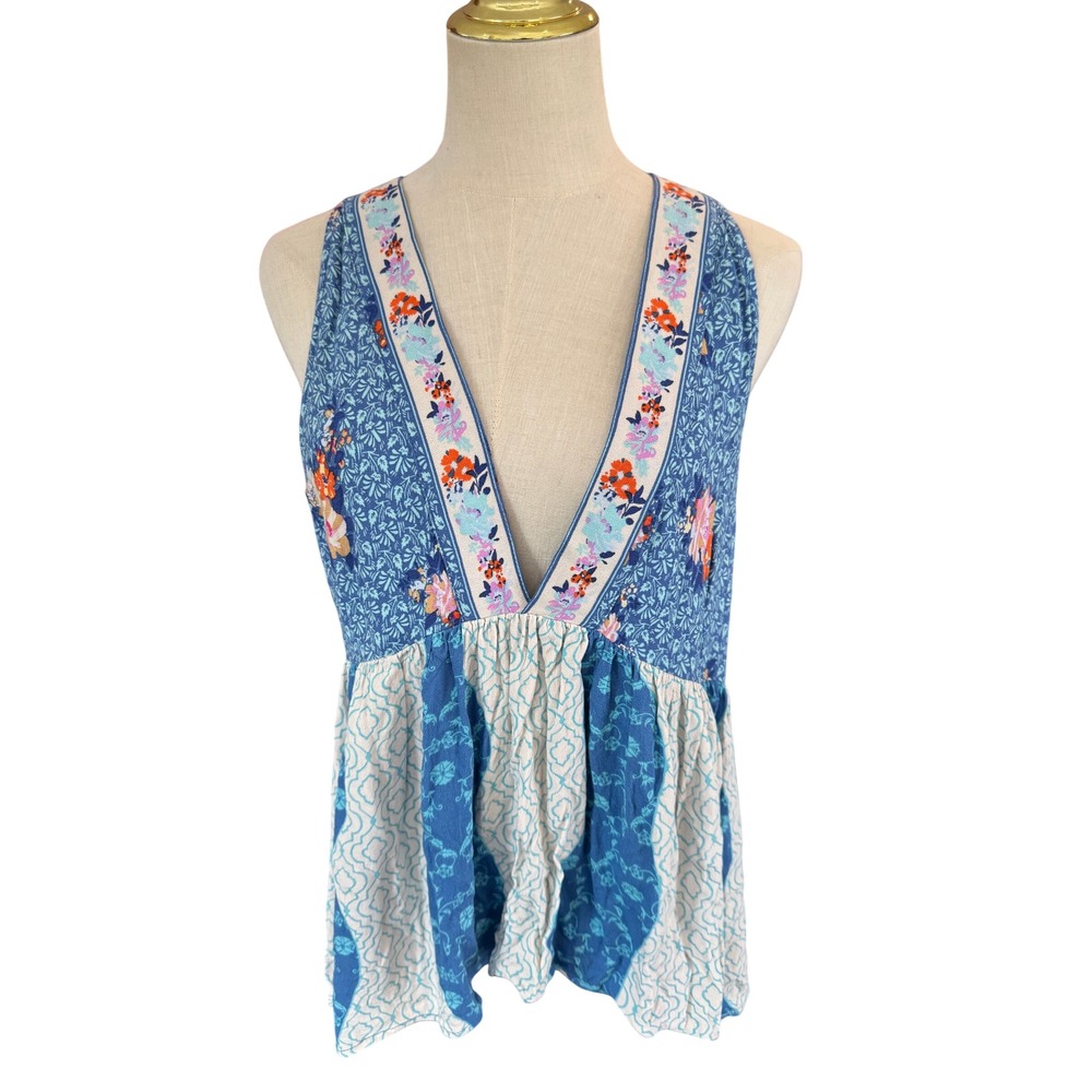 Free People Blue Floral Mixed Print Peplum Tank Top Large Sleeveless V-Neck Boho